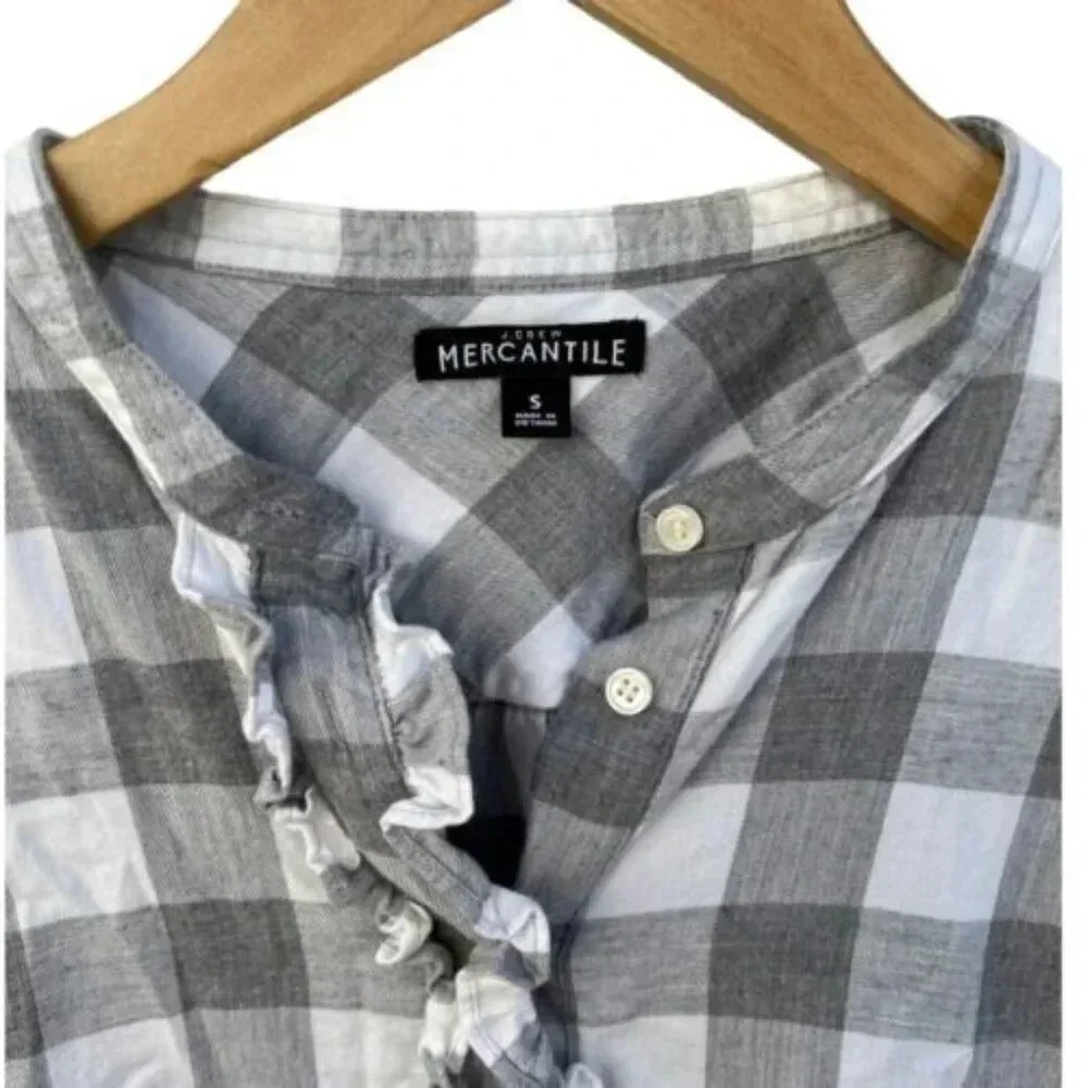 J Crew Mercantile Size Small Ruffle Flannel Shirt Gray White Plaid‎ Pullover​​